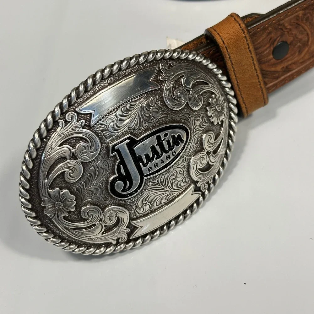 Justin Trophy Belt Mens 32 Brown Floral Embossed Leather Silver Buckle Excellent
